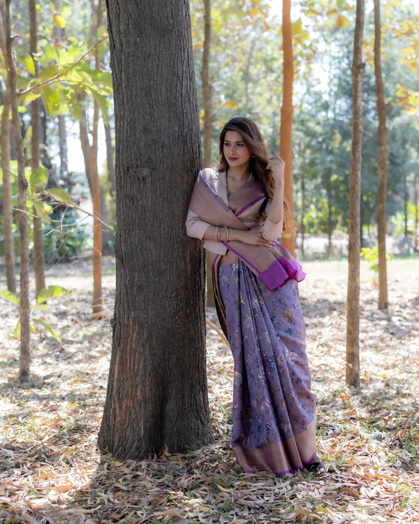 Lavender Printed Silk Saree