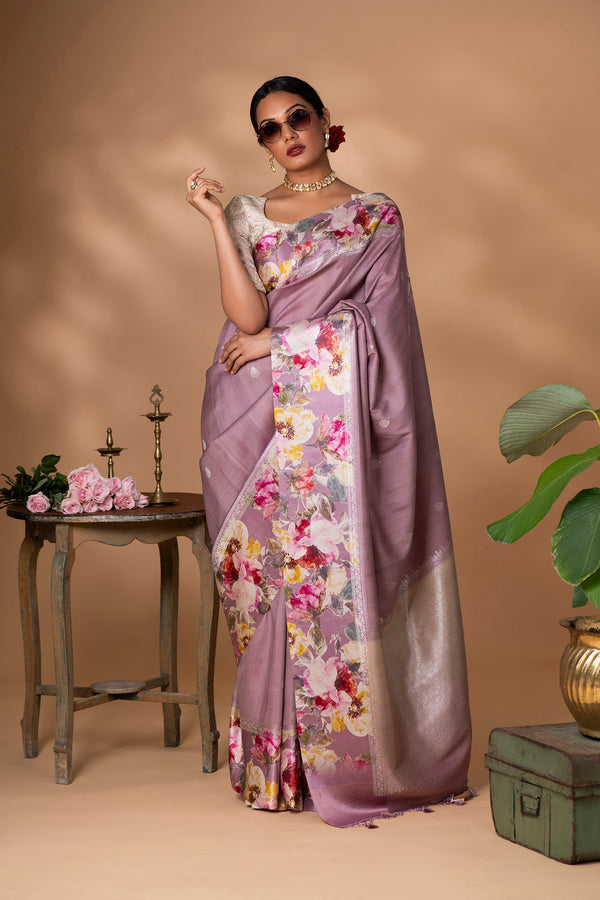 Lavender Banarasi Tussar Silk Saree