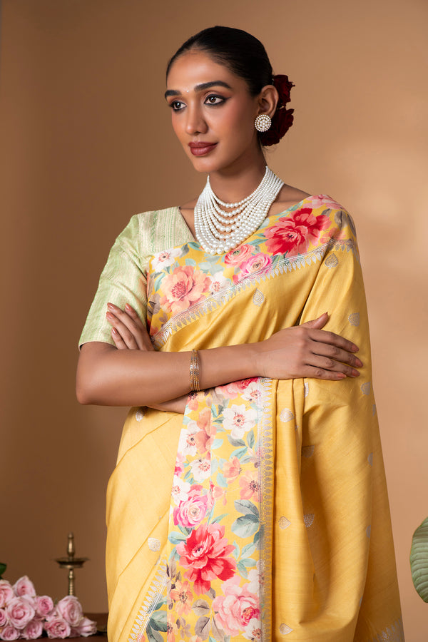 Yellow Banarasi Tussar Silk Saree