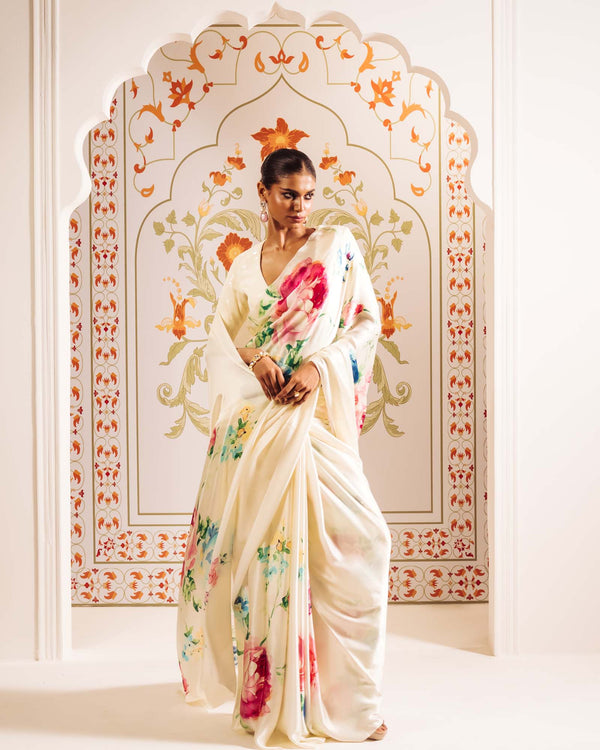 White Satin Crepe Saree