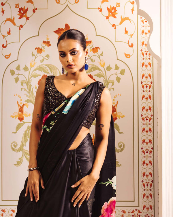 Black Satin Crepe Saree