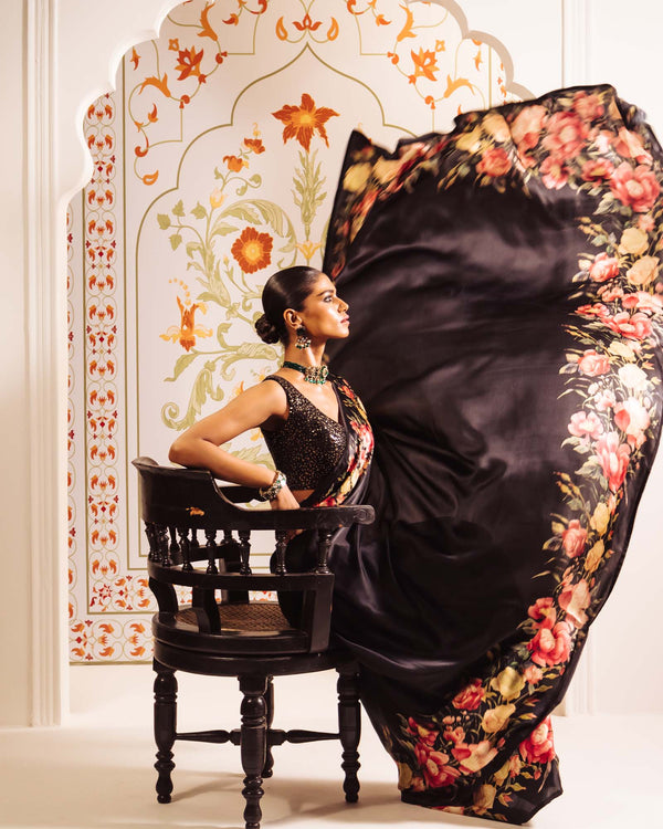 Black Satin Crepe Saree