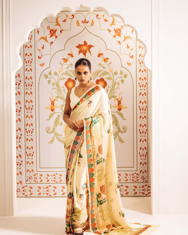 Cream Satin Crepe Saree