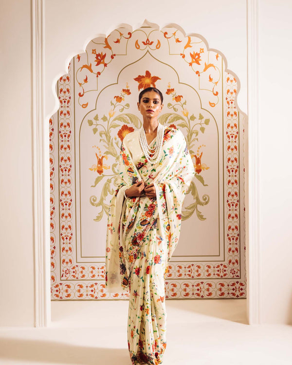 White Satin Crepe Saree