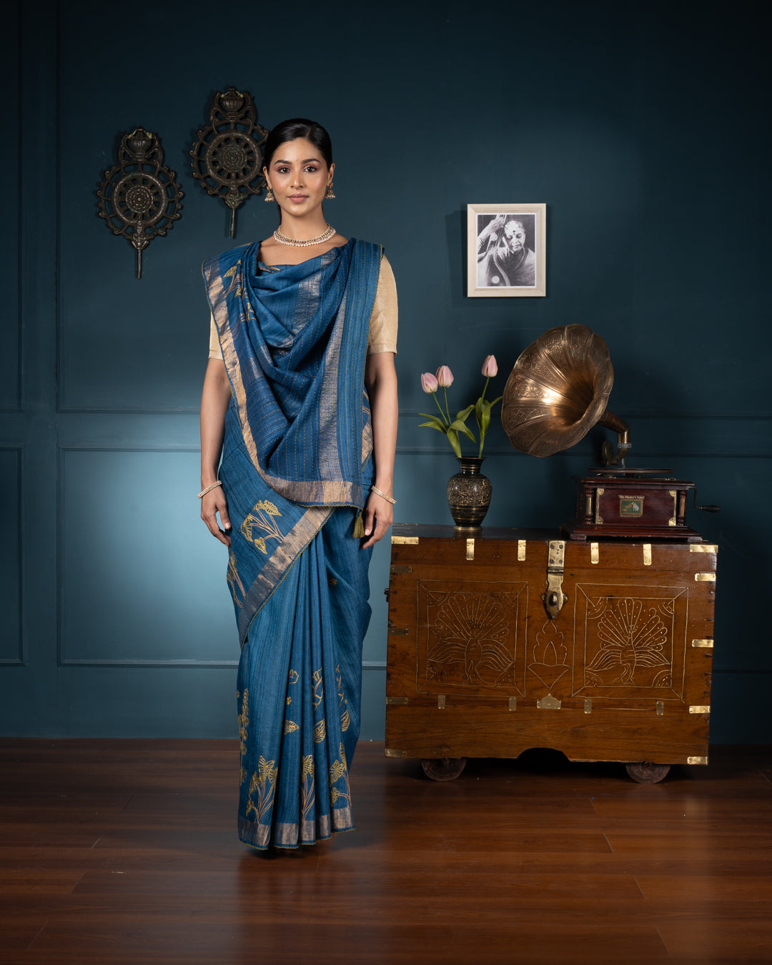 Dark Blue Plain Pure Tussar Silk Saree - Loomfolks