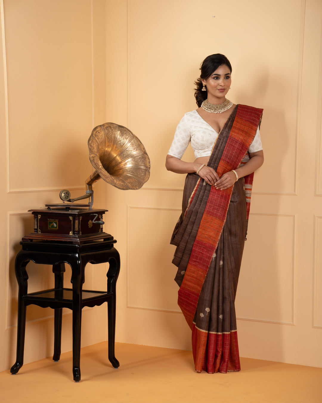 Tussar Hued Tussar Silk Geometrical Printed Saree – Meena Bazaar