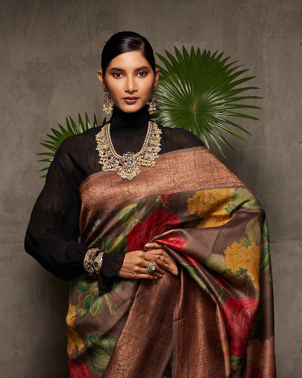 Brown Banarasi Tussar Silk Saree