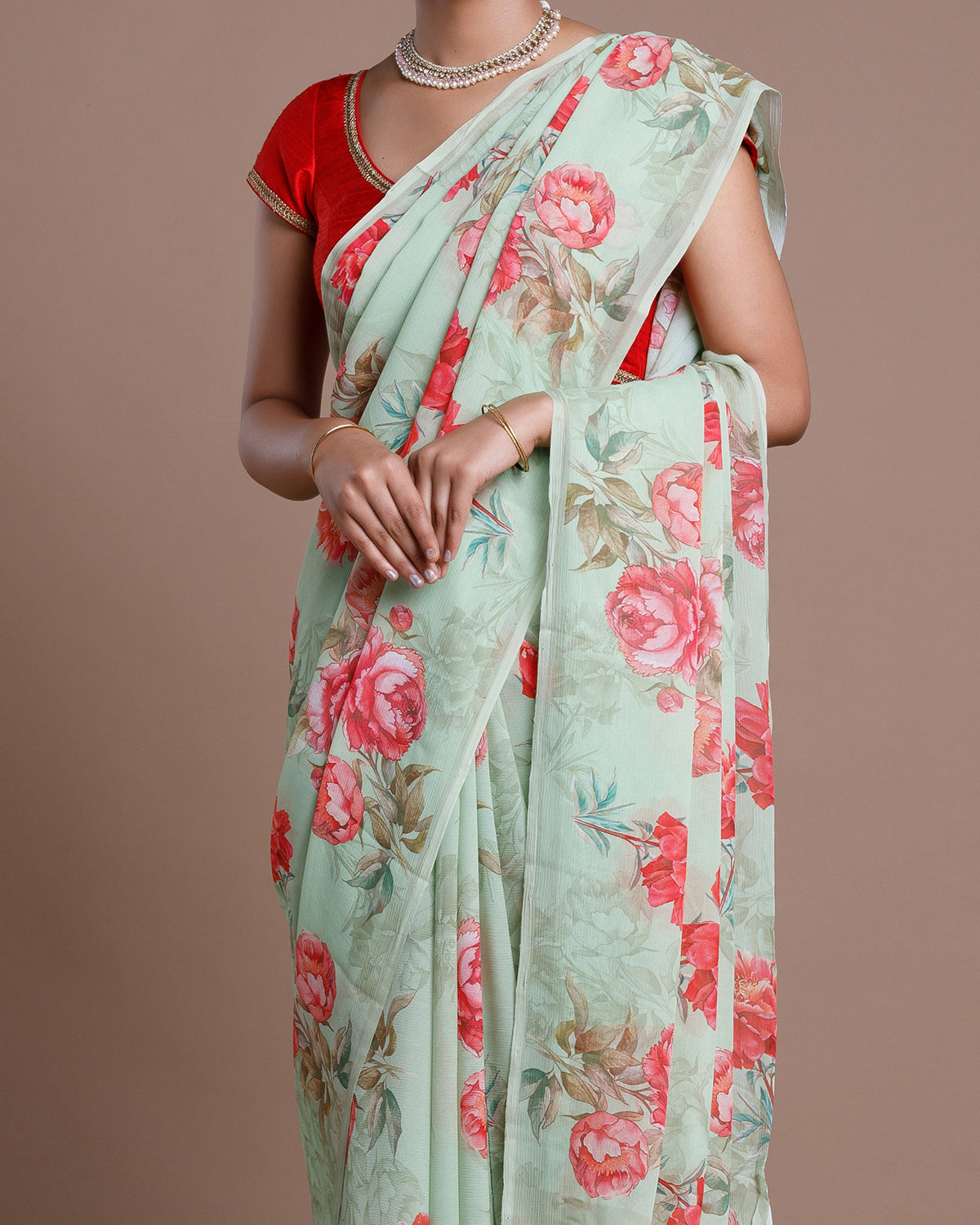 Floral Printed Chiffon Sea Green Saree|SARV140727