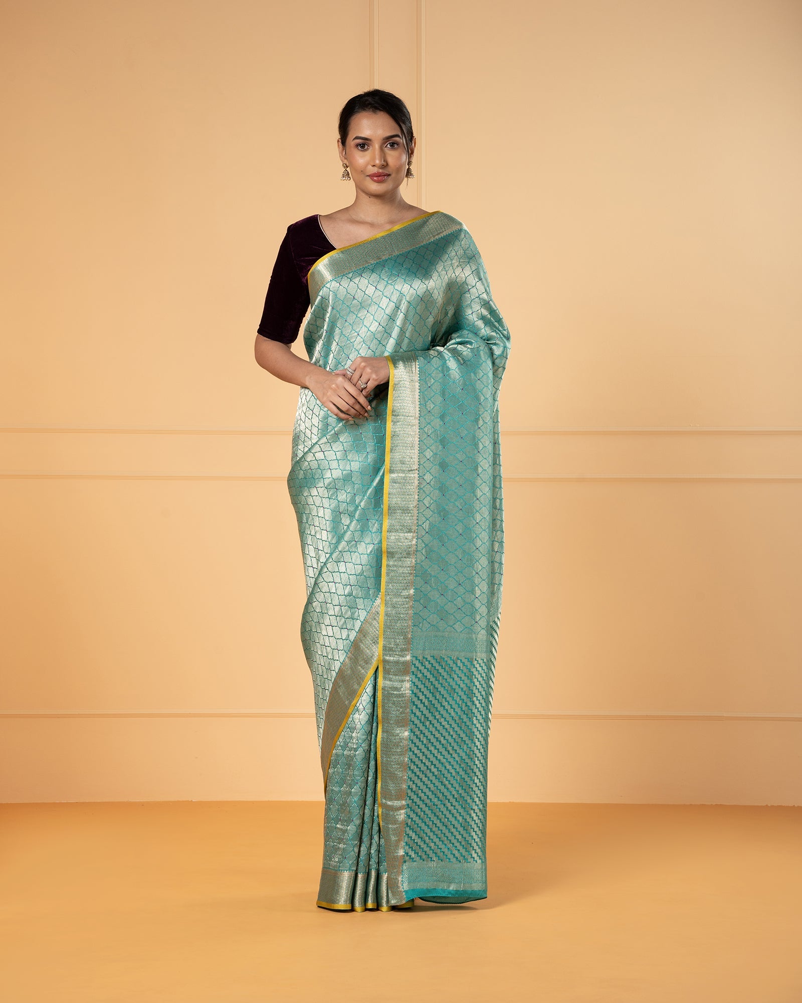 Yellow And Purple Mysore Handloom Pure Crepe Silk Saree - Buy Now